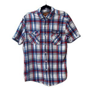 Red Camel Blue Pink Plaid Button Down Shirt Cotton - Large